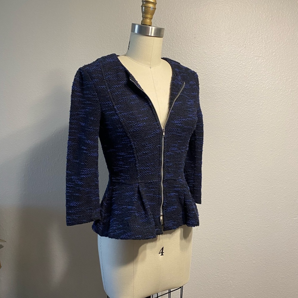 Blue and Black Boucle Zip Front Peplum Jacket